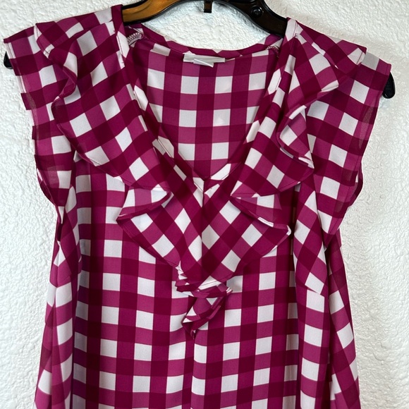 Liz Claiborne Pink Gingham Sleeveless Ruffle Blouse – Size PS - Picture 2 of 6